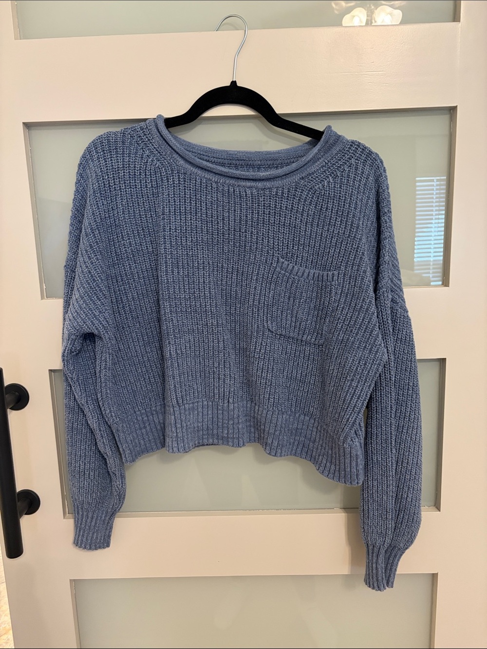 GAP Dusty Blue Cropped Crewneck Pocket Sweater